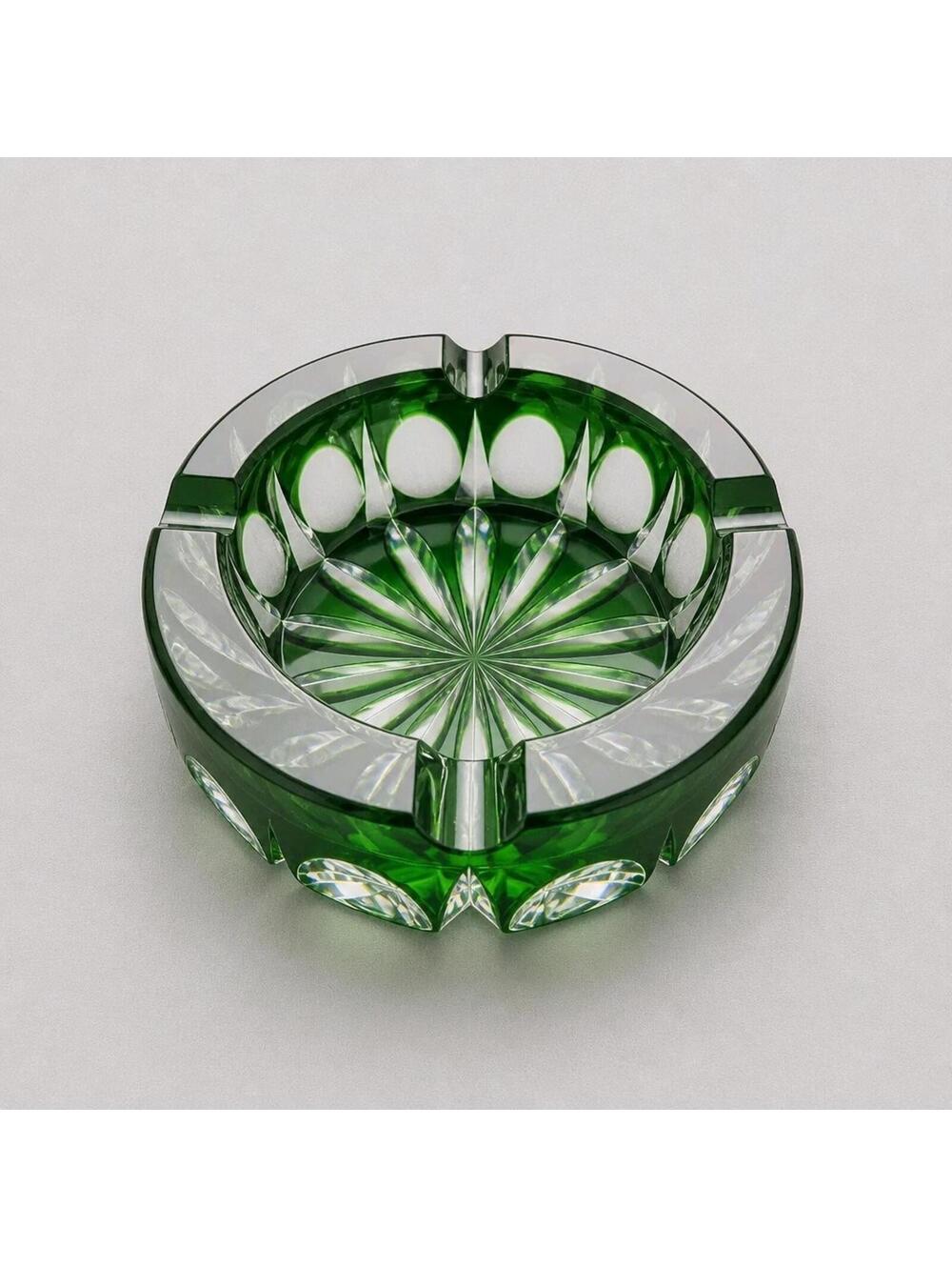 Saint-Louis Crystal Ambassadeur Emerald Green Ashtray SIGNED FRANCE Heavy